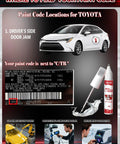 Guide showing paint code location for Toyota, featuring car image and Toyota Super White Ice Cap Two In One Car Touch Up Paint Pen.