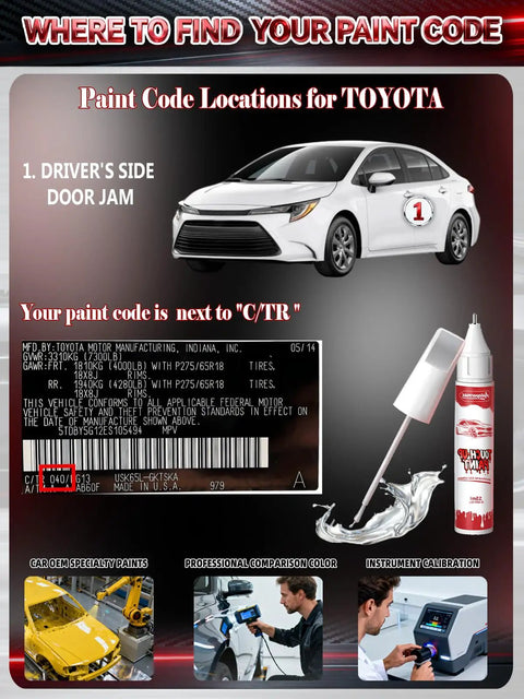 Guide showing paint code location for Toyota, featuring car image and Toyota Super White Ice Cap Two In One Car Touch Up Paint Pen.