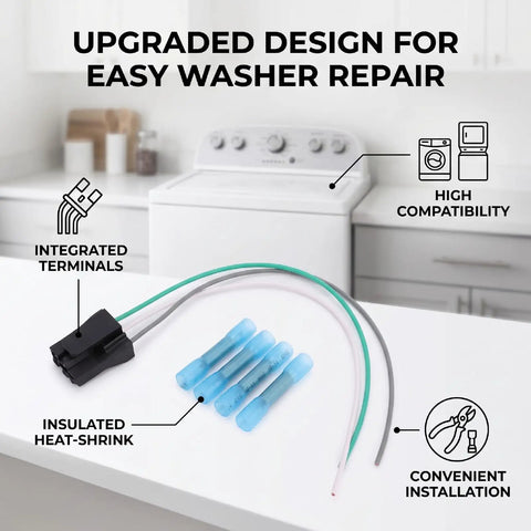 Aqxreight Washer Lid Switch Connector Wire Harness Kit For Agitator Washing Machines on a counter with heat shrink tubing.