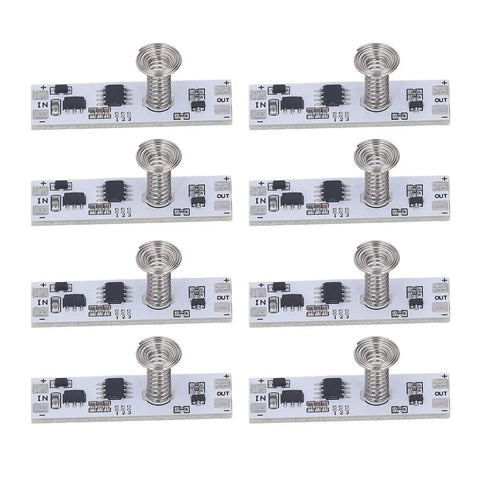 Eight 8-channel capacitive touch LED dimmer panels for cabinets and under-cabinet lighting, 5-24V DC, 72W max, stepless control module.