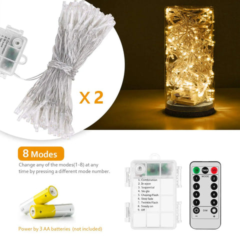 Two Pack Battery Operated String Lights With Remote Timer Waterproof Eight Modes 16.4 Foot Long 50 LED Indoor Outdoor Decor For Bedroom Garden Party Xmas Tree Warm White
