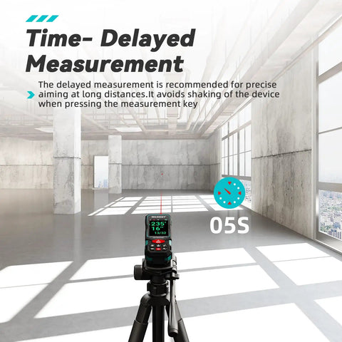 Laser Measuring Tool With 2.4 Inch Color Backlit Display, 330 Ft Range, Plus Or Minus One Sixteenth Inch Accuracy, Rugged, Lightweight, Jobsite Ready For Big Measurements And Quick Layouts on tripod in large room