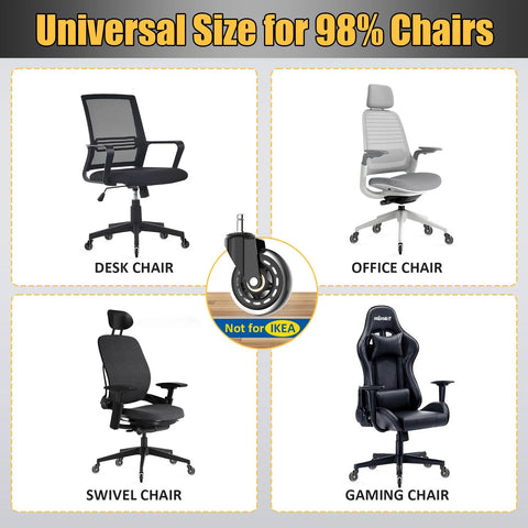 Set of 5 Quiet 3 Inch Rubber Office Chair Caster Wheels with Universal 11x22mm Stem shown with desk, office, swivel, gaming chairs