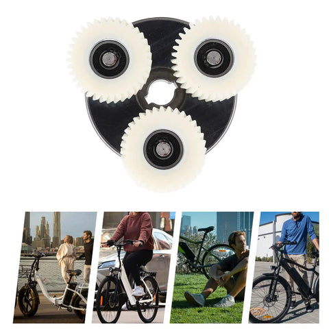 Electric Motor Gear Clutch Kit With 36T Planetary Nylon Gears And 88mm Clutch displayed above ebike riders