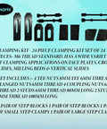 24 Piece M6 Clamp Kit for Rotary Tables Milling Tables with nuts, studs, and clamps displayed on light blue background.