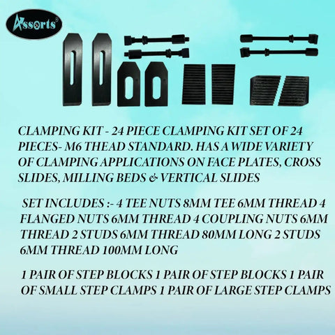 24 Piece M6 Clamp Kit for Rotary Tables Milling Tables with nuts, studs, and clamps displayed on light blue background.