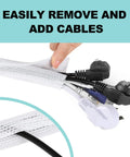 White Cable Sleeve Kit, 2 Pack, 5ft Each, 0.75 to 1.2 Inch Diameter Wire Management Tubes for Desk and TV Cables in use.