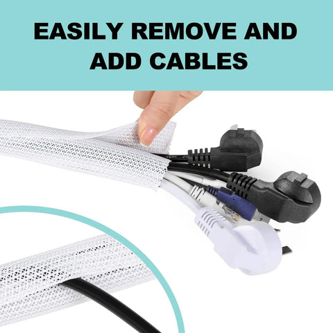 White Cable Sleeve Kit, 2 Pack, 5ft Each, 0.75 to 1.2 Inch Diameter Wire Management Tubes for Desk and TV Cables in use.