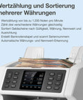 Heavy Hitter Multi Currency Money Counter Machine That Value Counts And Sorts Mixed Banknotes With 7 Point Security Counterfeit Money Detector Ripping Through 1200 Bills Per Minute with display and mixed banknotes.