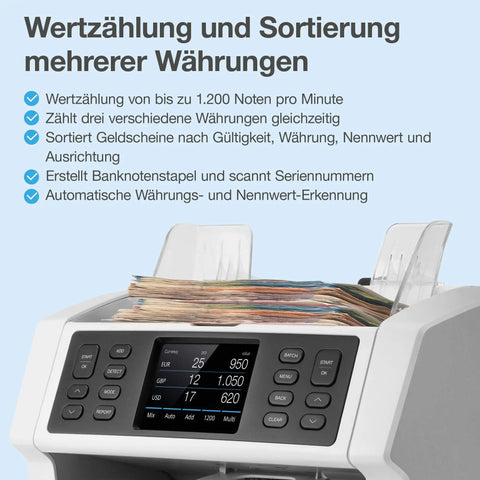 Heavy Hitter Multi Currency Money Counter Machine That Value Counts And Sorts Mixed Banknotes With 7 Point Security Counterfeit Money Detector Ripping Through 1200 Bills Per Minute with display and mixed banknotes.