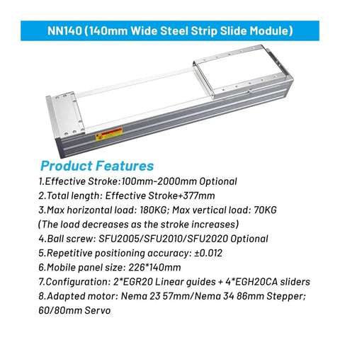 Top Tier X Y Z Linear Stage Featuring Rock Solid Ball Screw Sliding Table Design, with 140mm width and effective stroke features.