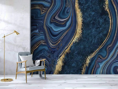 Peel And Stick Blue Marble Wallpaper Rolls 144 Inch Wide By 100 Inch High Self Adhesive Decor For Walls With Golden Veins Mosaic Pattern And A Jaw Dropping Luxe Look in a modern living room setting with chair and lamp.