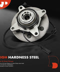 Front Wheel Bearing And Hub Assembly Pair With ABS For 2011 2014 Ford F 150 Expedition And Lincoln Navigator 6 Lug 4WD Only Drop In Ready Direct Fit High Load Capacity For Smooth Quiet Ride Bolt Right In. Close-up view of high carbon steel construction and ABS sensor.
