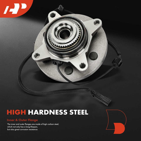 Front Wheel Bearing And Hub Assembly Pair With ABS For 2011 2014 Ford F 150 Expedition And Lincoln Navigator 6 Lug 4WD Only Drop In Ready Direct Fit High Load Capacity For Smooth Quiet Ride Bolt Right In. Close-up view of high carbon steel construction and ABS sensor.