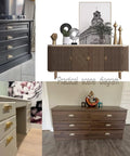 Gold Brushed Copper Finish Cabinet Handles Set Of Six 100mm Long 32mm Wide 20mm Thick Double Hole 32mm Center To Center Zinc Alloy Pulls installed on cabinets and drawers