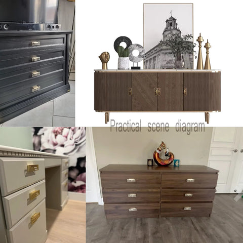 Gold Brushed Copper Finish Cabinet Handles Set Of Six 100mm Long 32mm Wide 20mm Thick Double Hole 32mm Center To Center Zinc Alloy Pulls installed on cabinets and drawers