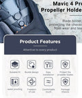 Mavic 4 Pro Propeller Holder With Magnetic Attraction Stabilizer shown in travel case with product features list.