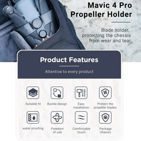 Mavic 4 Pro Propeller Holder With Magnetic Attraction Stabilizer shown in travel case with product features list.