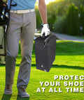 Golfer carrying soft padded golf shoe bag, durable 300D polyester, fits men's size 5-14, large interior pockets, on golf course