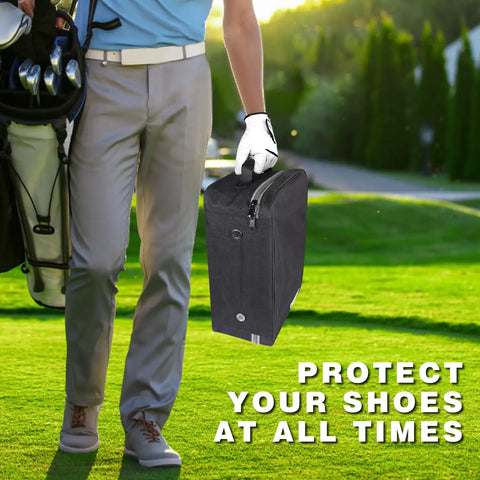 Golfer carrying soft padded golf shoe bag, durable 300D polyester, fits men's size 5-14, large interior pockets, on golf course