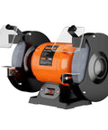 Ironclad 8 Inch Bench Grinder With A Beefy 750 Watt Motor Spinning At 3450 RPM For Sharpening Knives Chisels And Steel Stock Plus Adjustable Tool Rests And Splash Guards For The Garage, showcasing dual aluminum oxide wheels.