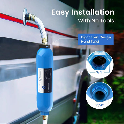 Road Tripper Essential RV And Marine Water Filter Arrives With Flexible Hose Protectors In A Reliable Two Pack, showing easy installation.