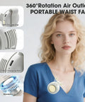 Woman wearing Clip On Fan Portable Wearable Bladeless Personal Fan USB Rechargeable 360 Degree Rotating 3 Speed Silent