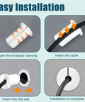 Installation steps for set of four white three quarter inch cable grommets for wall hole pass throughs.