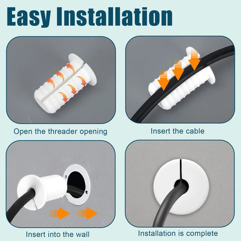 Installation steps for set of four white three quarter inch cable grommets for wall hole pass throughs.