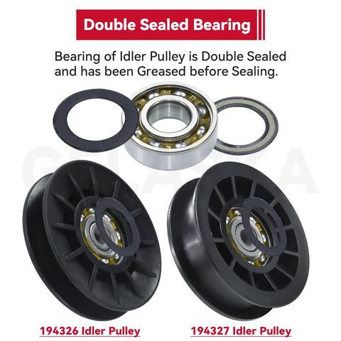Two Pack V Groove And Flat Idler Pulleys Replaces 194326 194327 For Husqvarna YTH Decks highlighting double sealed bearings
