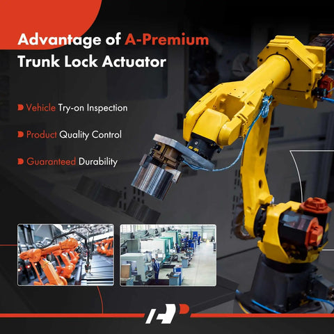 Industrial robot manufacturing trunk latch actuator for Lexus sedans and convertibles, emphasizing quality and durability.