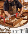 Rock Solid Stainless Steel Dowel Pins Center Point Set With 40 Pieces Precision Drilling Template shown in use at a woodworking shop.