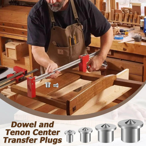 Rock Solid Stainless Steel Dowel Pins Center Point Set With 40 Pieces Precision Drilling Template shown in use at a woodworking shop.