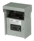 60A 240V AC Pull-Out Disconnect Switch with GFCI Receptacle for Air Conditioner, grey metal enclosure, front view