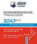 Label of Blue Thread Lock Medium Strength 10ml Bottle with instructions and properties in German and English.