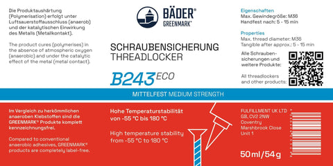 Label of Blue Thread Lock Medium Strength 10ml Bottle with instructions and properties in German and English.