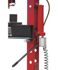 Close-up of 40-Ton Pneumatic Shop Press With Gauge And Winch Heavy-Duty H-Frame Steel Construction, red and black components visible.