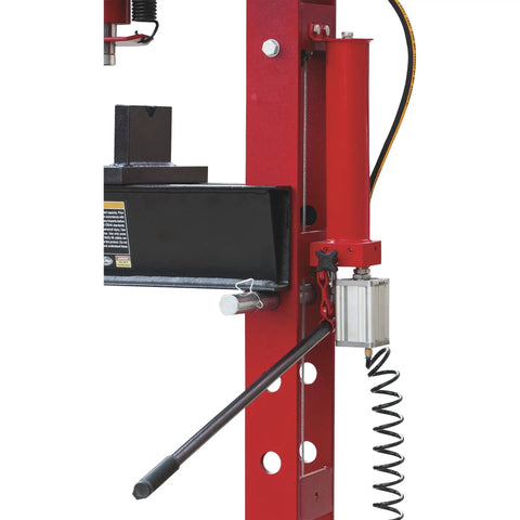 Close-up of 40-Ton Pneumatic Shop Press With Gauge And Winch Heavy-Duty H-Frame Steel Construction, red and black components visible.