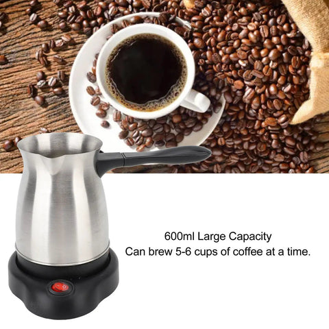 Turkish Coffee Maker With 600ml Stainless Steel Pot 110V US Plug Multifunction Electric Coffee Machine 600W Ergonomic Anti Scald Handle Brews 5 To 6 Cups Perfect For Home Or Small Hangouts, shown with coffee beans and cup.
