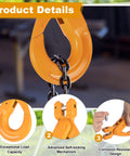 Close-up of Beefy Heavy Duty Grade 80 Self Locking Hooks 3/8 Inch Steel Clevis 7100 Lb with chain and locking mechanism