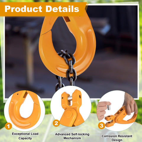 Close-up of Beefy Heavy Duty Grade 80 Self Locking Hooks 3/8 Inch Steel Clevis 7100 Lb with chain and locking mechanism