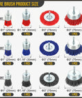 Top Shelf 12 Piece Wire Wheel And Pen Brush Set For Power Drills Featuring 1 4 Inch Round Shank different wire brush sizes and colors.