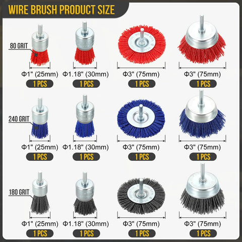 Top Shelf 12 Piece Wire Wheel And Pen Brush Set For Power Drills Featuring 1 4 Inch Round Shank different wire brush sizes and colors.