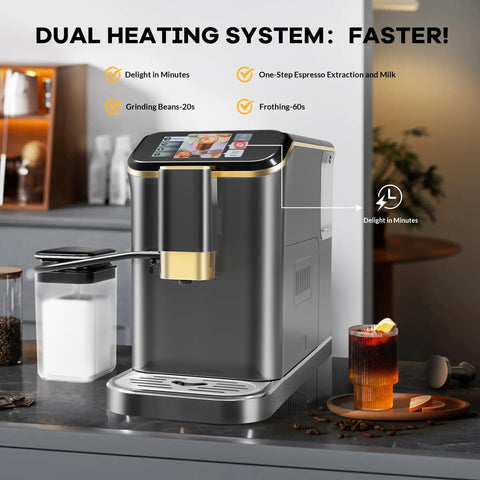 Super Automatic Espresso Machine With 20 Bar Pressure Pump And Built In Burr Grinder For Smooth Daily Grinds Features Rapid Heat Up and touchscreen.