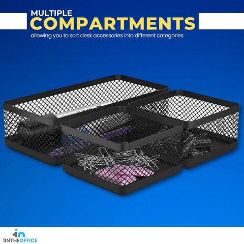 Mesh Desk Drawer Organizer Tray With 3 Stackable Compartments In Matte Black shown holding paper clips and sticky notes.