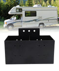 Universal Heavy Duty Detachable Storage Bin With Quick Release Rail Slides For RV Camper Trailer Pickup And Boat Road Ready Hassle Free Tool Organizer Rack in black with RV background.