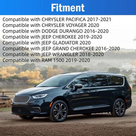 Vehicle fitment list for VVT Solenoid Camshaft Phaser Actuator Sensor 2 Pin Replacement Drop In Easy Install shown with a Chrysler Pacifica.