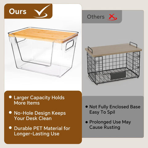 Stackable Pantry Organizers With Bamboo Lids And Clear Bins For Fruits And Vegetables Extra Large Capacity Home Storage, 11x7x7 inches, durable PET.