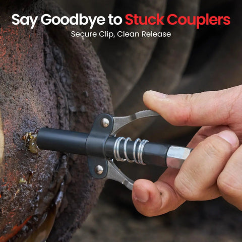 Close-up of a hand attaching the Beefy 10000 PSI Cordless Grease Gun Kit With Dual Batteries 39.4 Inch Hose Three Couplers LED Light Auto Pumping Mode For Automotive Farm Truck And Trailer Maintenance coupler to a machine.