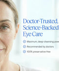 Cliradex Towelettes promo image: close-up of a woman's face with blue eye-care text and check marks.